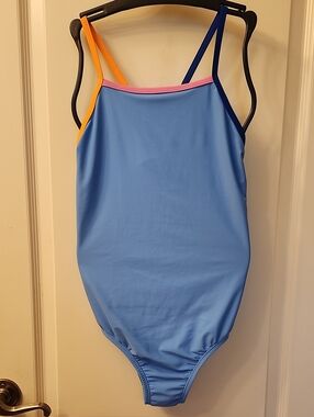 Speedo Girls Size 16 Light Blue Swimsuit with Navy/Pink/Orange Edging, EUC